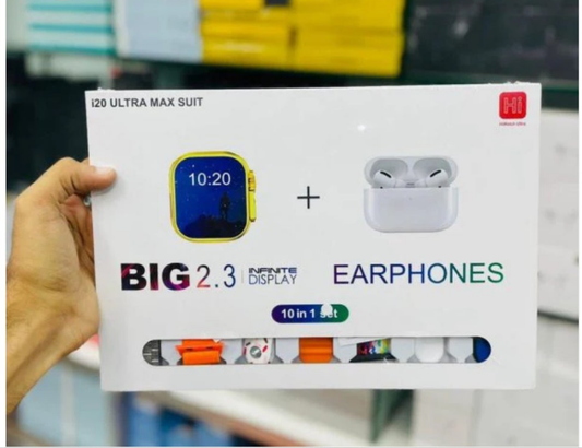I20 Ultra Max Suit Smart Watch 10 In 1 Box 2.3inch Large Screen With 7 Multi Mix Straps With Airpords 2